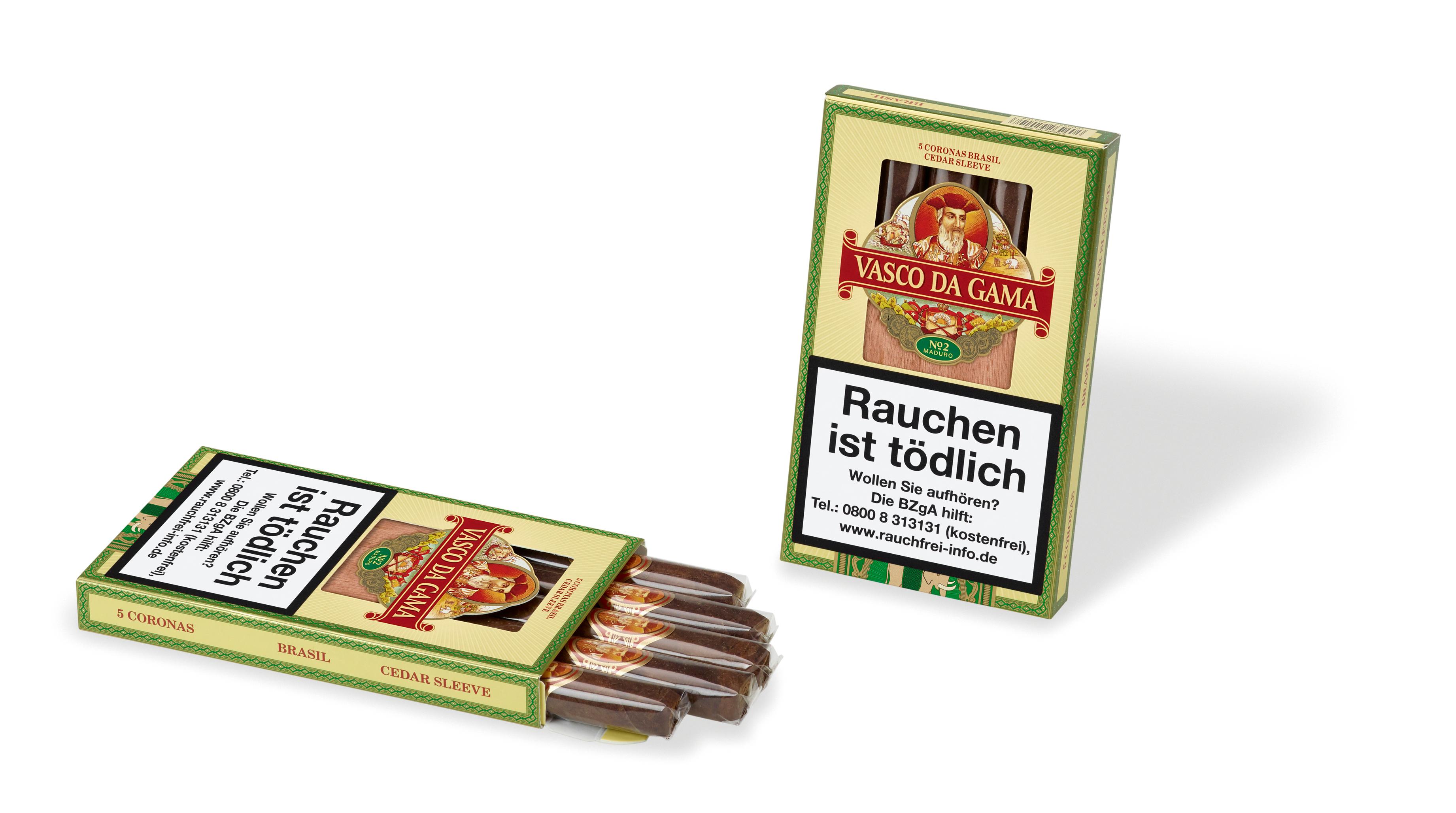 Vasco da Gama Zigarren Brasil No. 920 Coronas, zwei Packungen á 5 Stück (eine geöffnet), Teil der 5x 5er Verpackungseinheit.