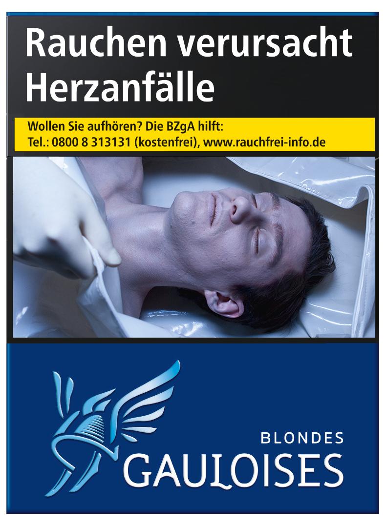 Gauloises Blondes Blau Zigaretten, Packung mit 28 Stück, inklusive der gesetzlich vorgeschriebenen Warnhinweise und Kontaktinformationen zur Raucherentwöhnung.