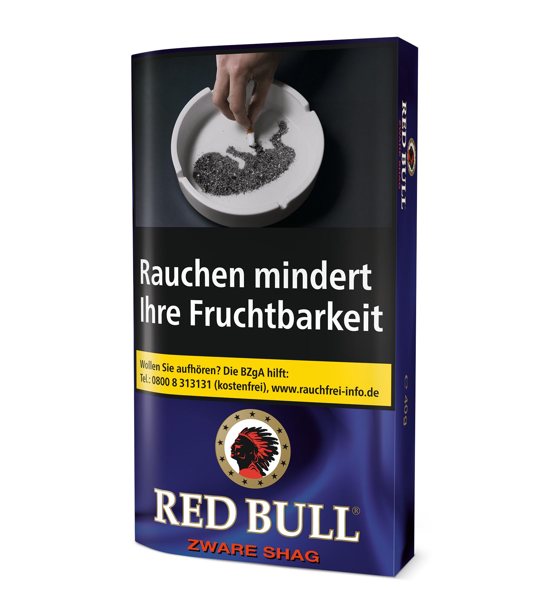 Blaue 40-Gramm-Packung Red Bull Zware Shag Zigarettentabak, eine Komposition aus dunklen Kentuckytabaken mit würzigem Geschmack.