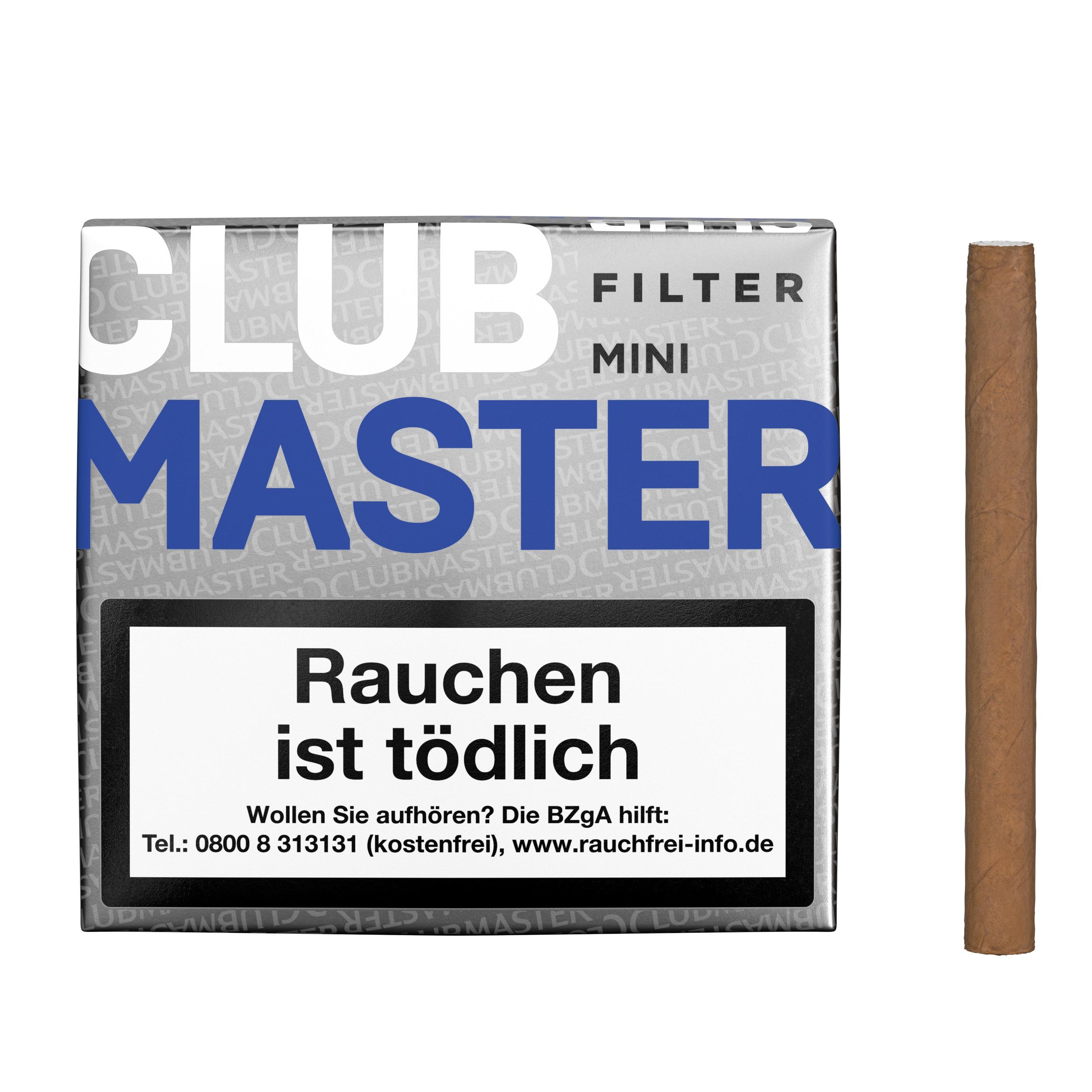 Stange Clubmaster Mini Zigarillos "Blue Gold Filter" in grauer Packung mit blauer und weißer Beschriftung, inklusive Warnhinweis "Rauchen ist tödlich" und Kontaktdaten zur Rauchentwöhnung, bestehend aus 5 Packungen à 20 Stück.