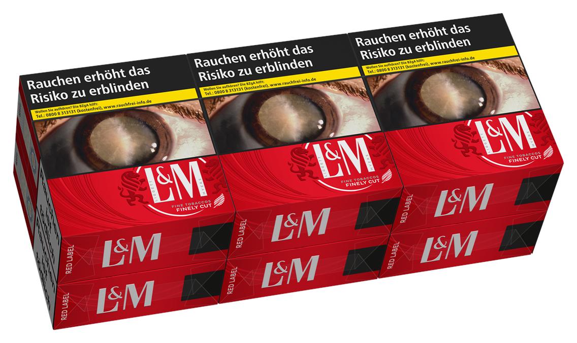 L&M Red 6XL Zigaretten, eine Stange mit 6 Packungen á 41 Stück. Ein Stapel aus sechs rot-weißen L&M Zigarettenpackungen ist in zwei Reihen angeordnet. Jede Packung zeigt ein schwarz-weißes Etikett mit einem Augenmotiv und dem deutschen Warnhinweis 'Rauche