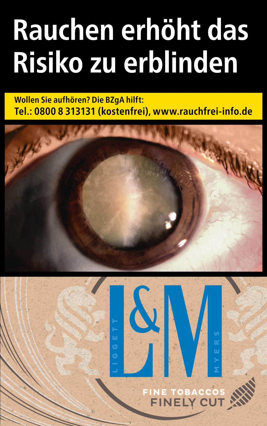 Schwarz-weiße Werbung für L&M Simply Blue L Zigaretten (1 Packung à 20 Stück) mit Nahaufnahme eines Auges und Warnhinweis "Rauchen erhöht das Risiko zu erblinden", Firmenname Liggett & Myers, Telefonnummer, Logo mit Löwenkopf und Blatt sowie Webadresse.