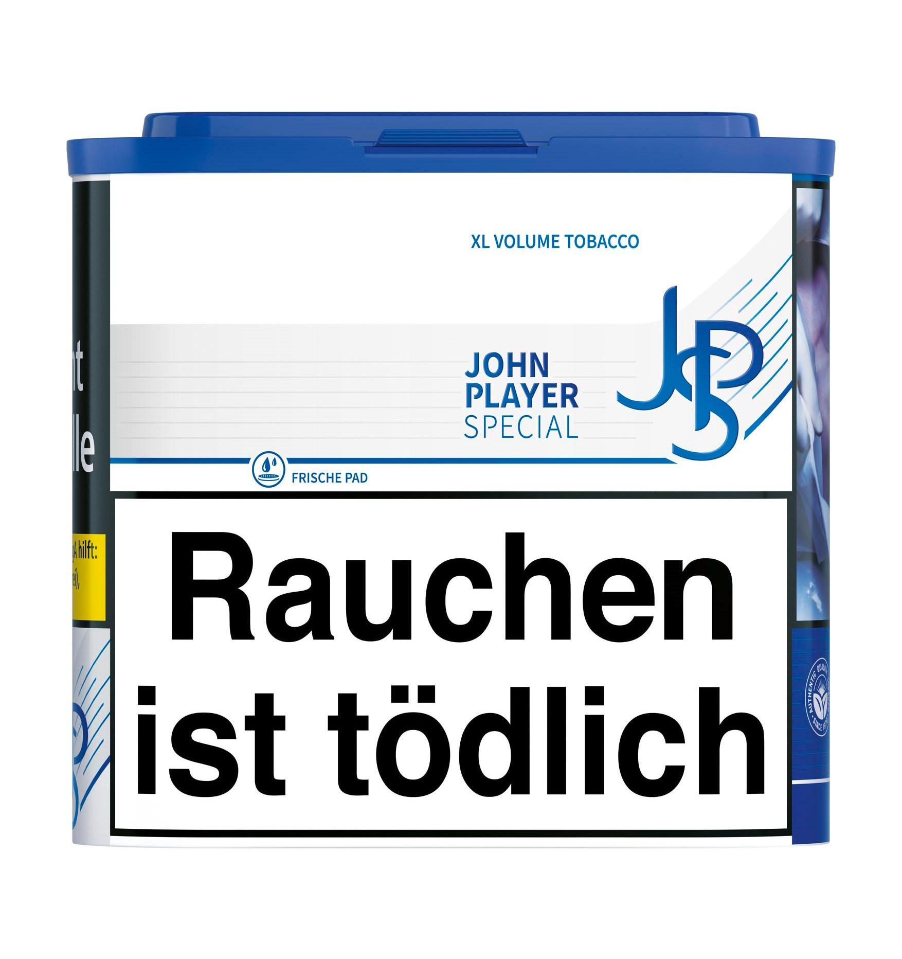 Blaue Dose JPS Blue XL Volumentabak 36g, sehr ergiebig und mild, mit blau-weißem Design, Logo und Warnhinweis.