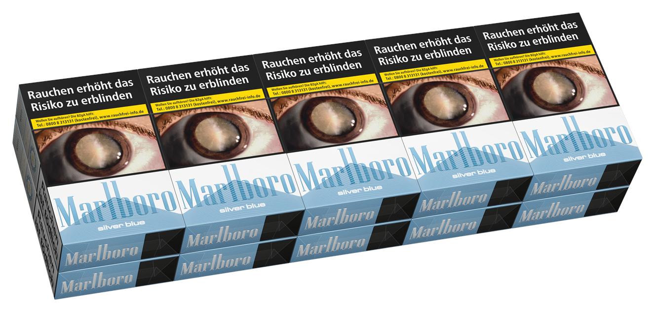 Eine Stange Marlboro Silver Blue Zigaretten, bestehend aus zehn Packungen in blau-weißem Design mit Marlboro-Logo, Warnhinweisen und Abbildung eines Auges.