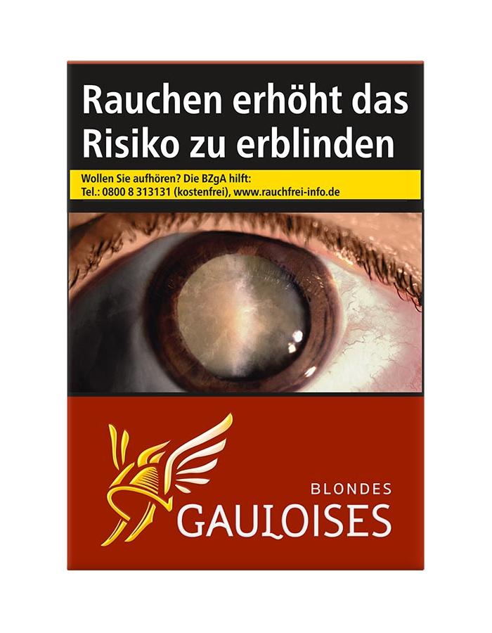 Eine Stange Gauloises Blondes Rot Zigaretten in roter Verpackung, die den Warnhinweis 'Rauchen erhöht das Risiko zu erblinden', das charakteristische Gauloises Logo und den dezent-würzigen und -süßlichen Geschmack zeigt.