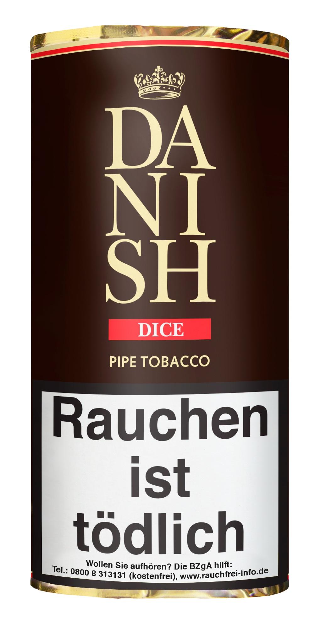Danish Dice Pfeifentabak in der 5x50 Gramm Verpackungseinheit als zylindrische Dose mit goldenem Logo und vorgeschriebenen Warnhinweisen.