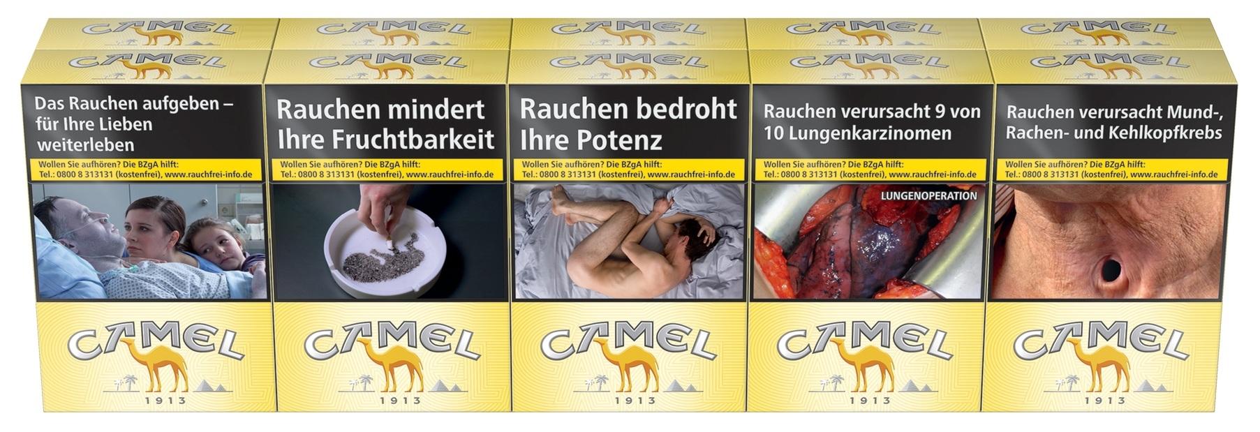 Camel Yellow Zigaretten, 10 Packungen zu je 20 Stück, mit den gesetzlich vorgeschriebenen Warnhinweisen auf der Verpackung.