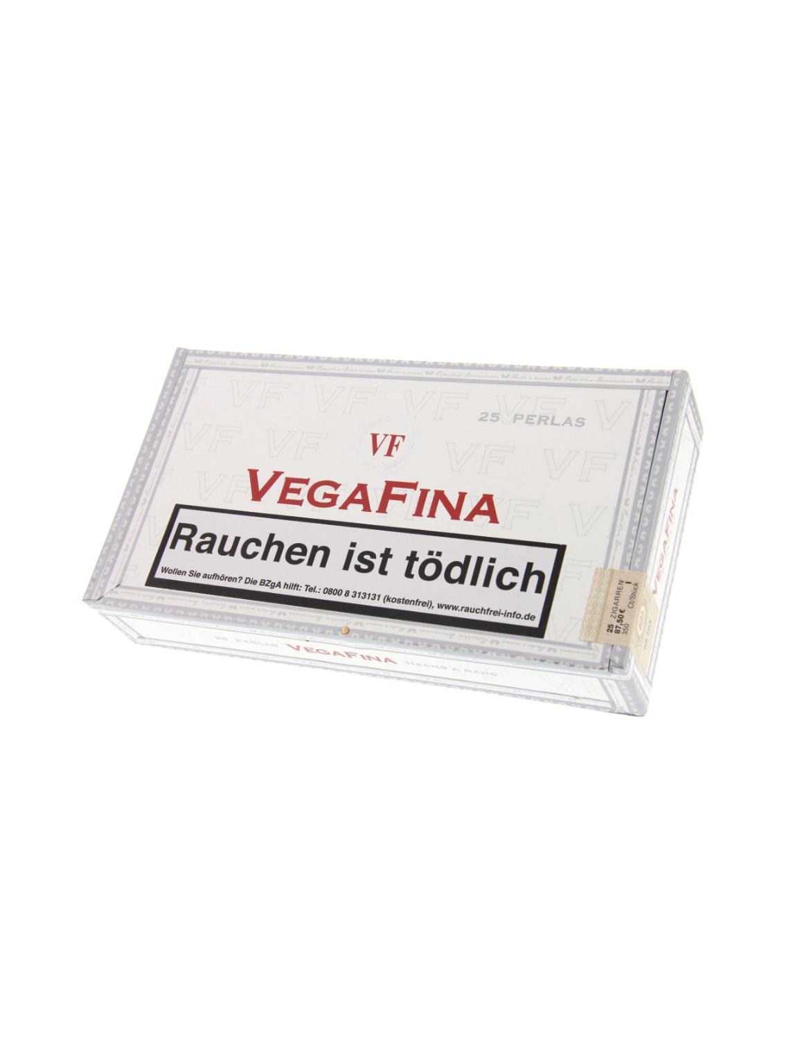 Weiße Kartonbox mit silbernem Rand für VegaFina Zigarren Perla, eine Packung mit 25 milden Longfiller-Zigarren aus der Dominikanischen Republik.