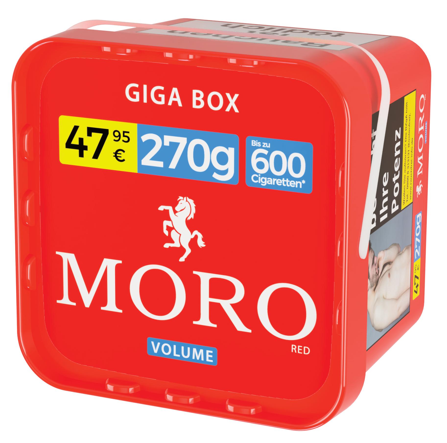 Rote, quadratische Giga Box Moro Volumentabak rot mit weißem Griff und dem Logo des weißen Moro Pferdes, Verpackungseinheit 270 Gramm.