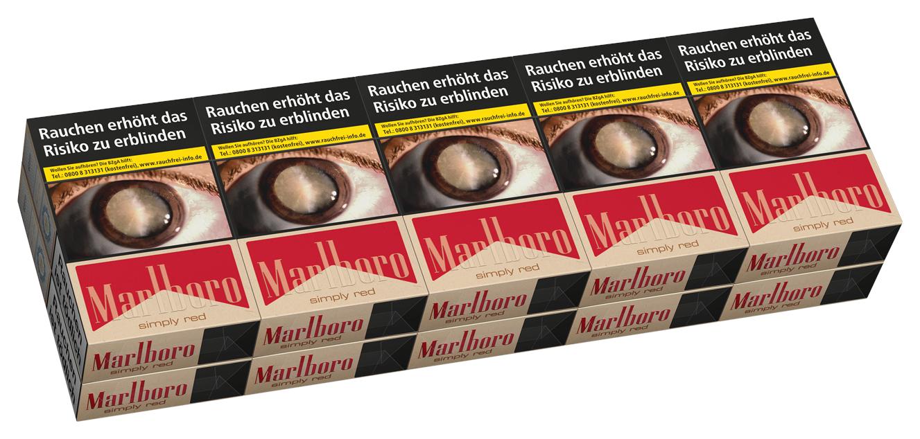 Marlboro Simply Red Zigaretten, 1 Stange bestehend aus 10 Packungen zu je 20 Stück, mit rotem und weißem Logo auf weißem Hintergrund.