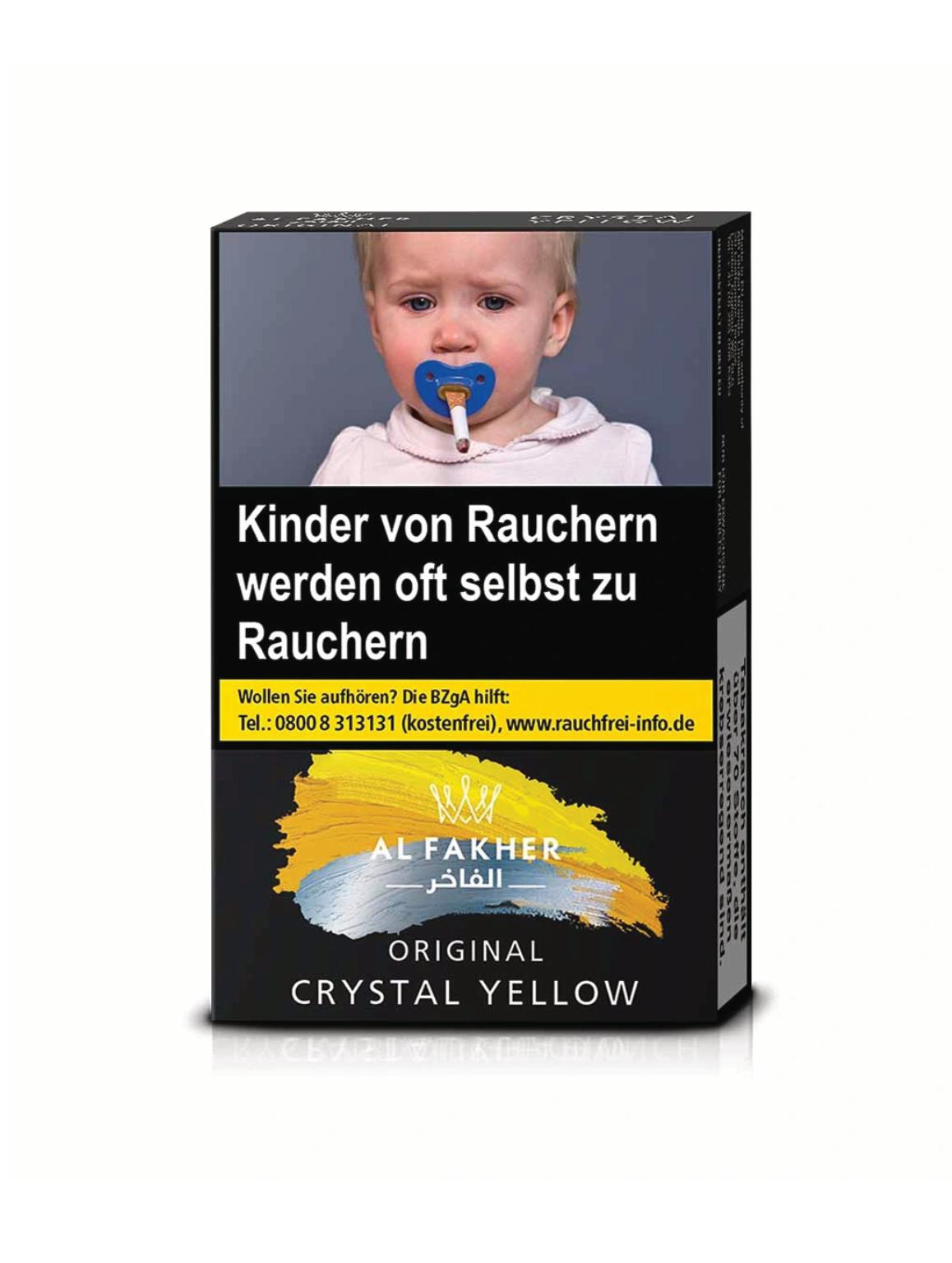 Al Fakher Yellow Shisha Tabak, 25 Gramm Packungseinheit. Schwarze Zigarettenschachtel von Al Fakher mit auffälligem gelb-blauem Design, abstraktem Pinselstrich-Motiv mit zentraler kronenartiger Form, dem Warnhinweis "Kinder von Rauchern werden oft selbst 