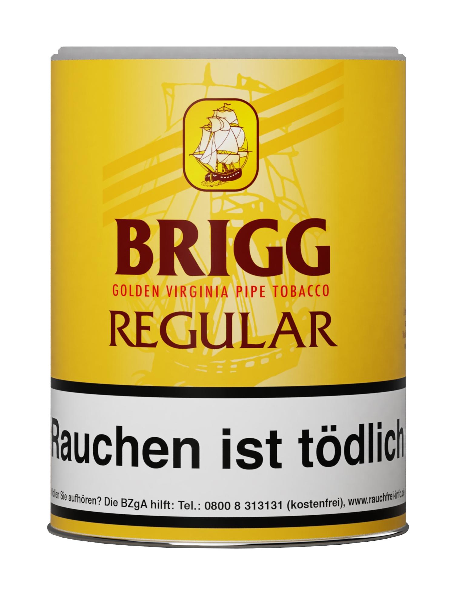 Gelbe zylindrische 155-Gramm-Dose Brigg Regular Pfeifentabak mit rotem Markenschriftzug und gesetzlichem Warnhinweis auf dem unteren Labelbereich.