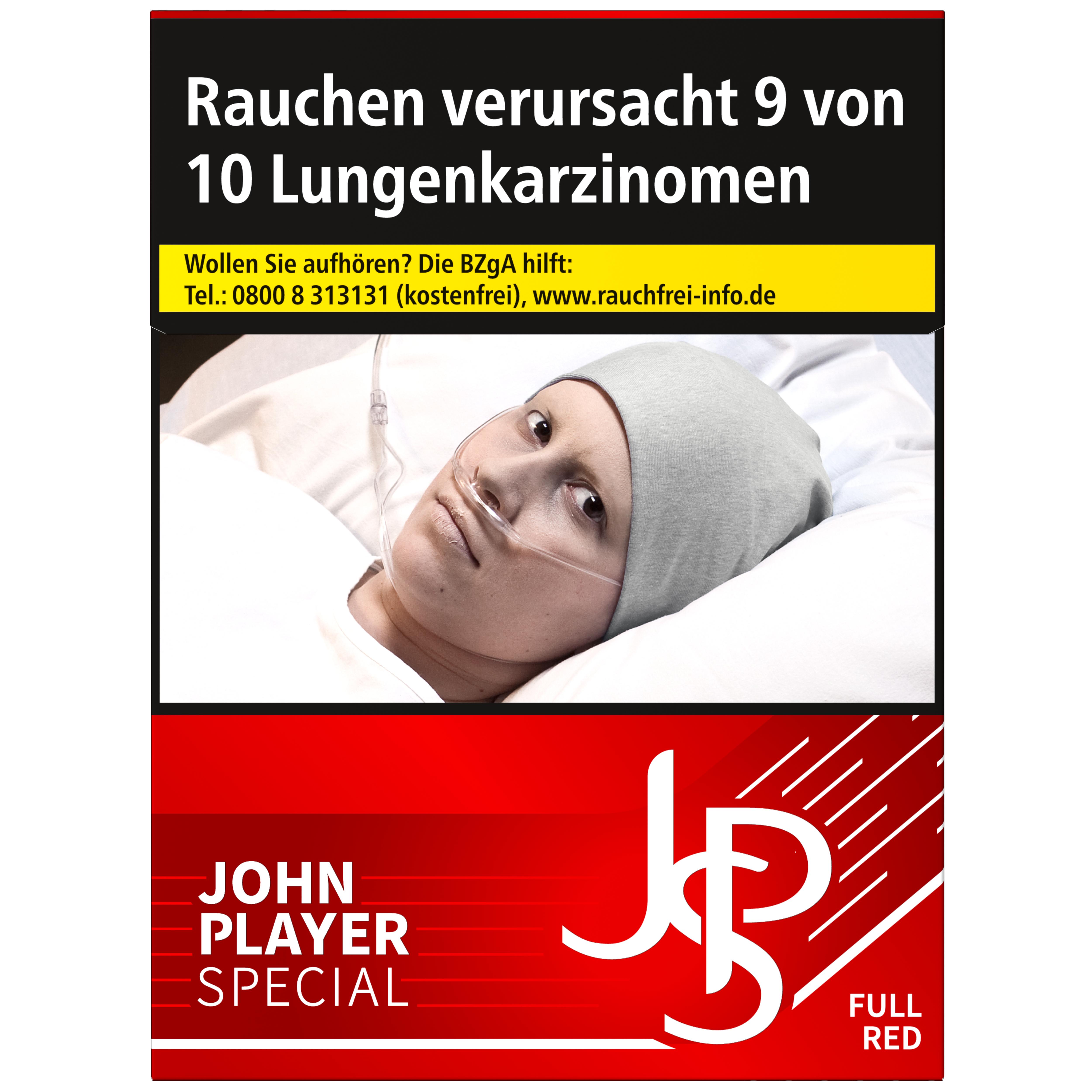 Schwarz-weiße Zigarettenpackung der Marke JPS RED mit roter und weißer Beschriftung, Abbildung eines Patienten im Krankenbett mit Nasenkanüle und Warnhinweisen sowie der Aufschrift 27 Stück.