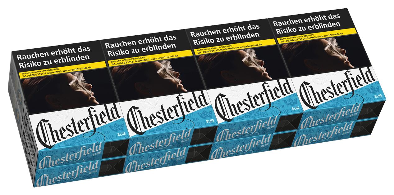 Chesterfield Blue XXL Zigaretten Stange in blau-weißer Verpackung mit Gesundheitshinweis, für mittelstarken Rauchgenuss, 8 Packungen à 31 Stück.