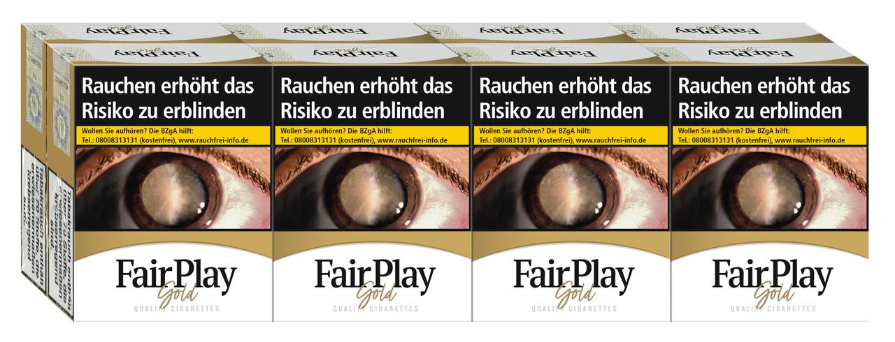 Fair Play Gold XXL Zigaretten von FairPlay, 1 Stange mit 8 Packungen á 23 Stück, mit gold-weißem Packungsdesign.