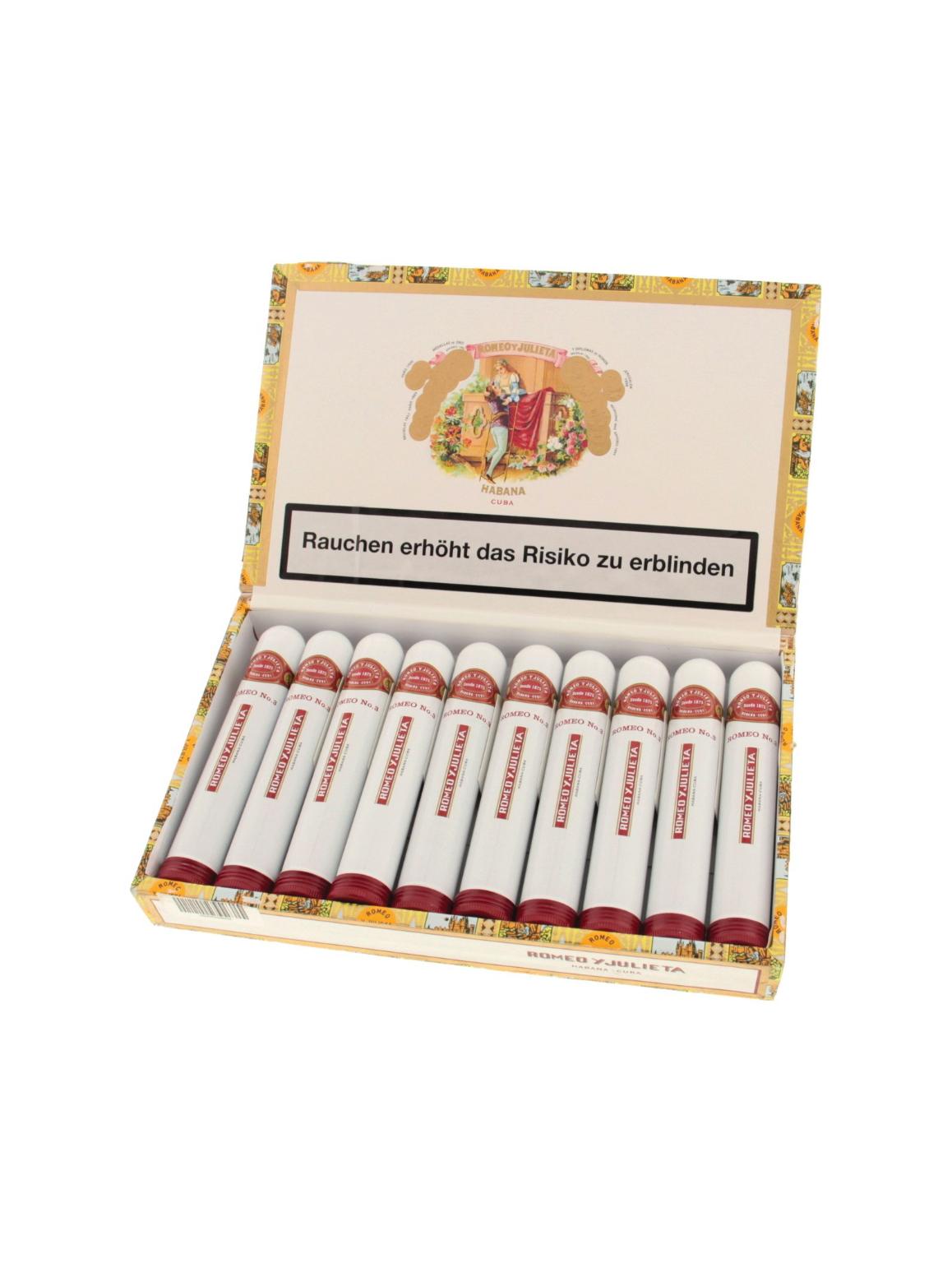 Romeo y Julieta Zigarren Romeo No. 3, 10 Stück, in teilweise geöffneter Box mit gelb-orangefarbenem floralen Design, die weiße Zigarren mit roten Kappen enthält.