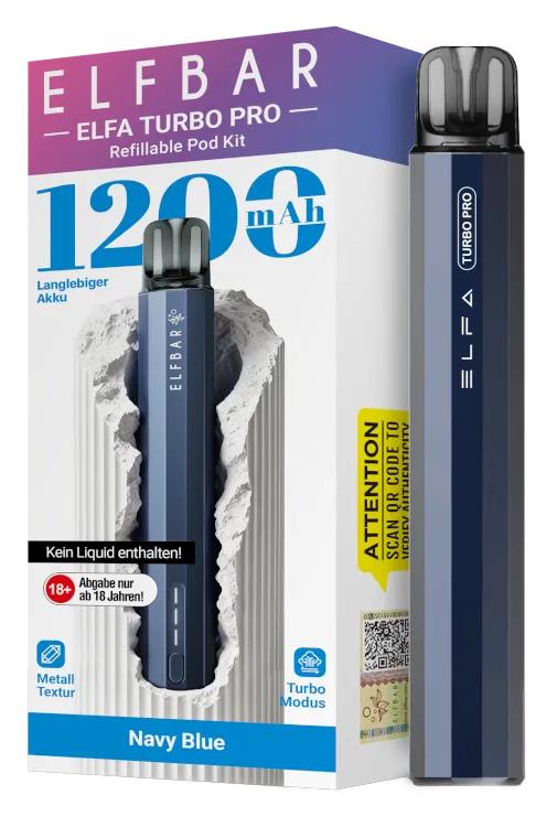ELFA Turbo Pro Set in Navy Blue, bestehend aus einem Akkuträger mit 1200 mAh, zwei Leistungsmodi, Aluminium-Gehäuse und einem Refill Pod (1 Stück).