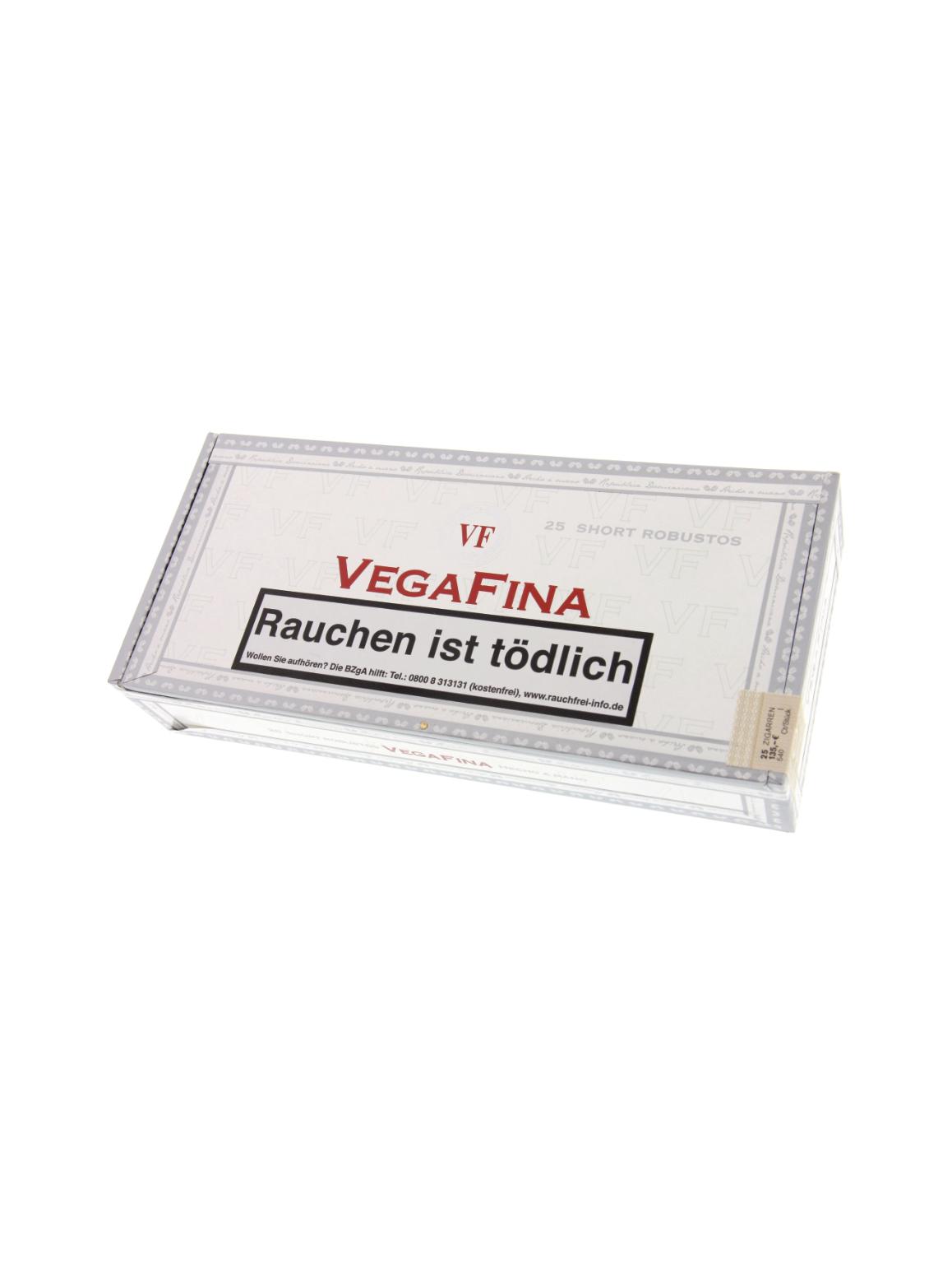 Weiße Schachtel VegaFina Zigarren Short Robusto, 25 Stück, mit rotem Markenlogo und dem Warnhinweis "Rauchen ist tödlich".