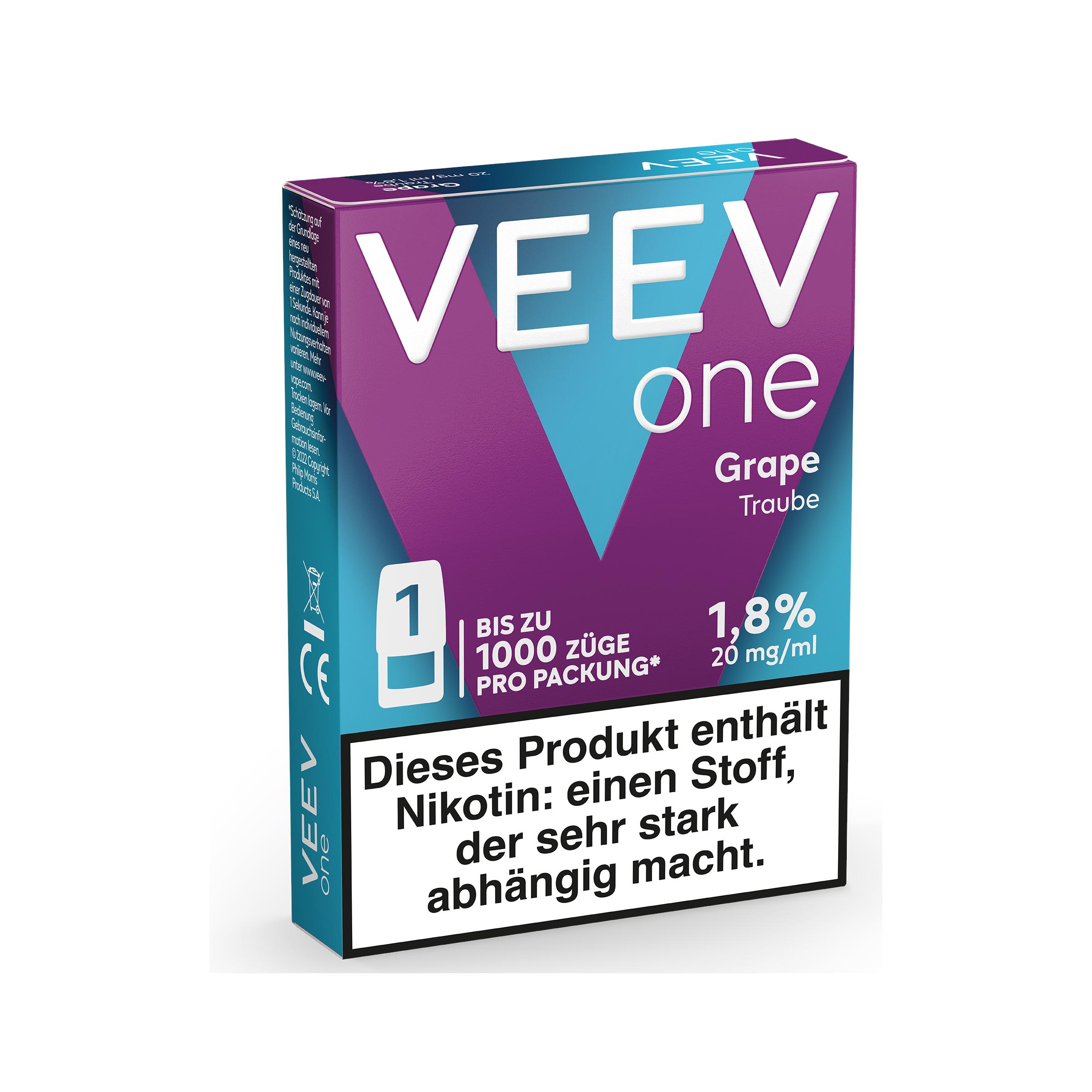 Lila-türkise Packung Veev One Grape Pods von Veev mit 20mg Nikotin, inklusive einer deutschsprachigen Warnung vor Nikotinabhängigkeit. Eine Packung.