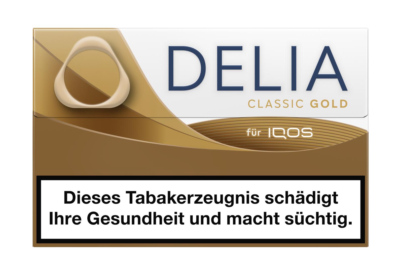 DELIA Classic Gold Tabaksticks, kompatibel mit IQOS Iluma Geräten, in der Stange mit 10 Packungen zu je 20 Stück in weiß-goldener Verpackung.