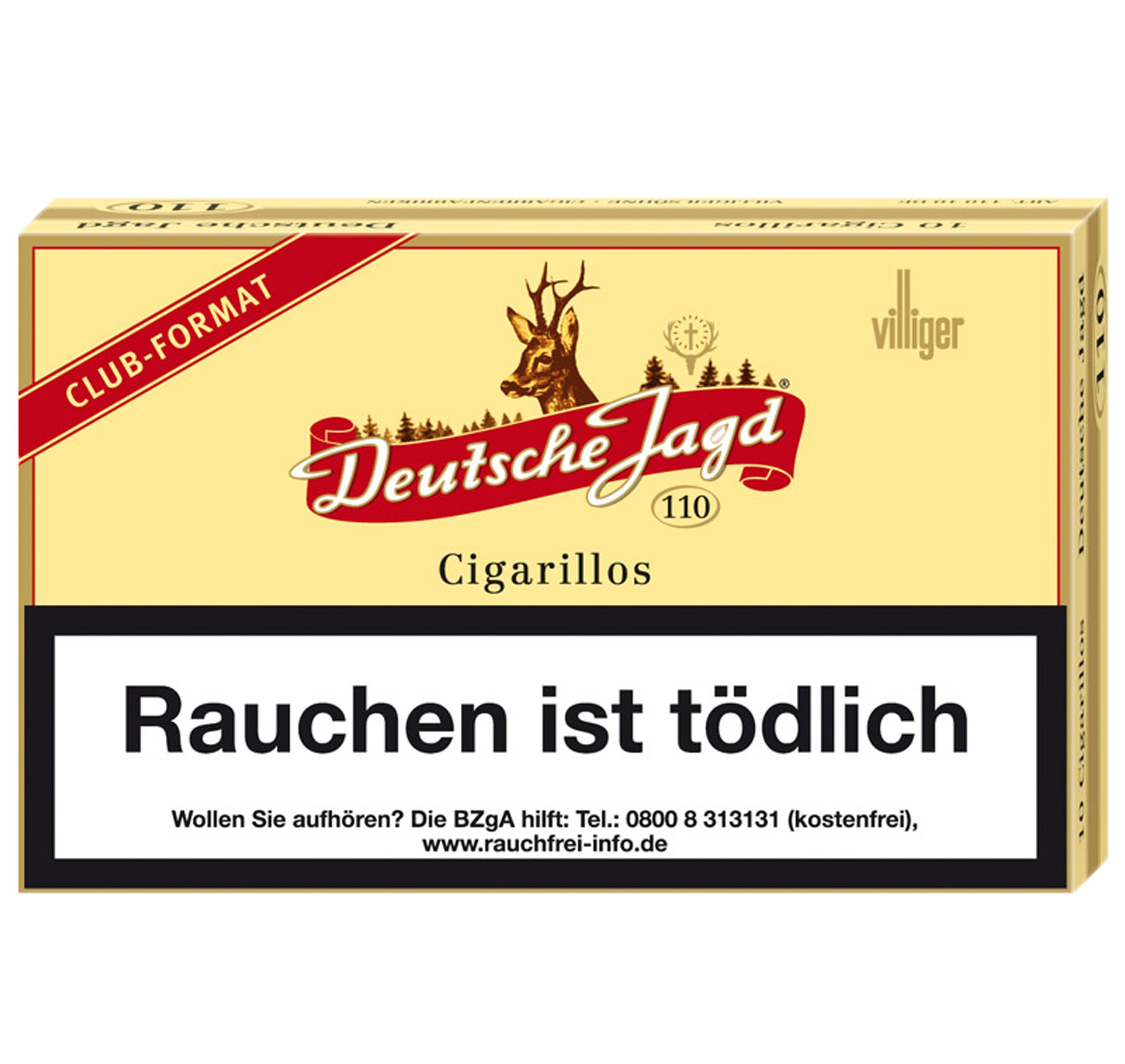 Villiger Deutsche Jagd 110 Sumatra Zigarillos Club-Format als Stange in gelber Verpackung mit Hirschmotiv (5 Packungen á 10 Stück).