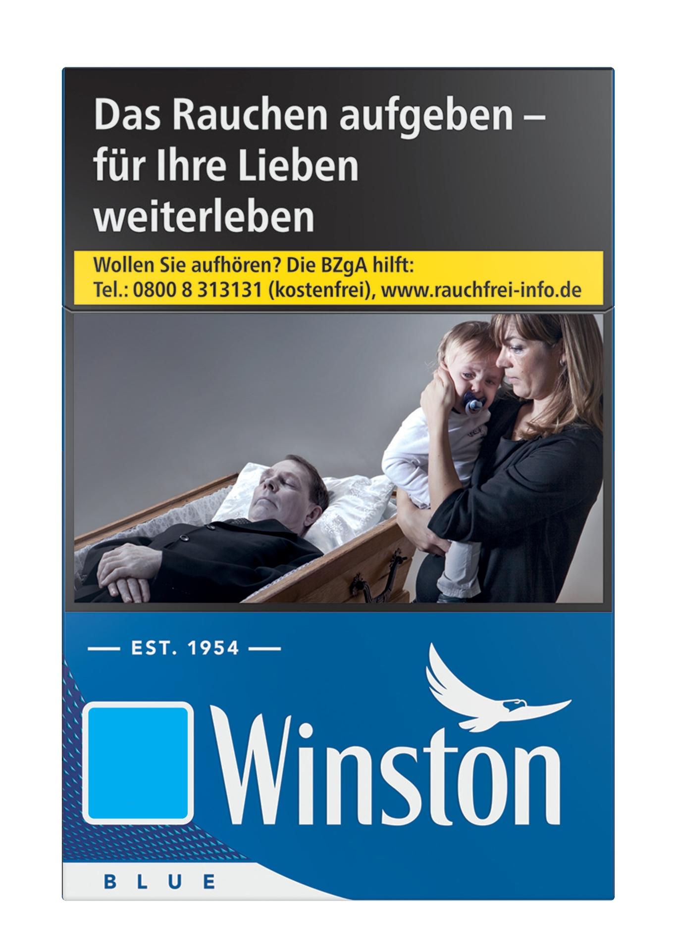 Packung Winston Blue Zigaretten L (20 Stück) im blauen Design mit Winston Logo und EST. 1954 Schriftzug.