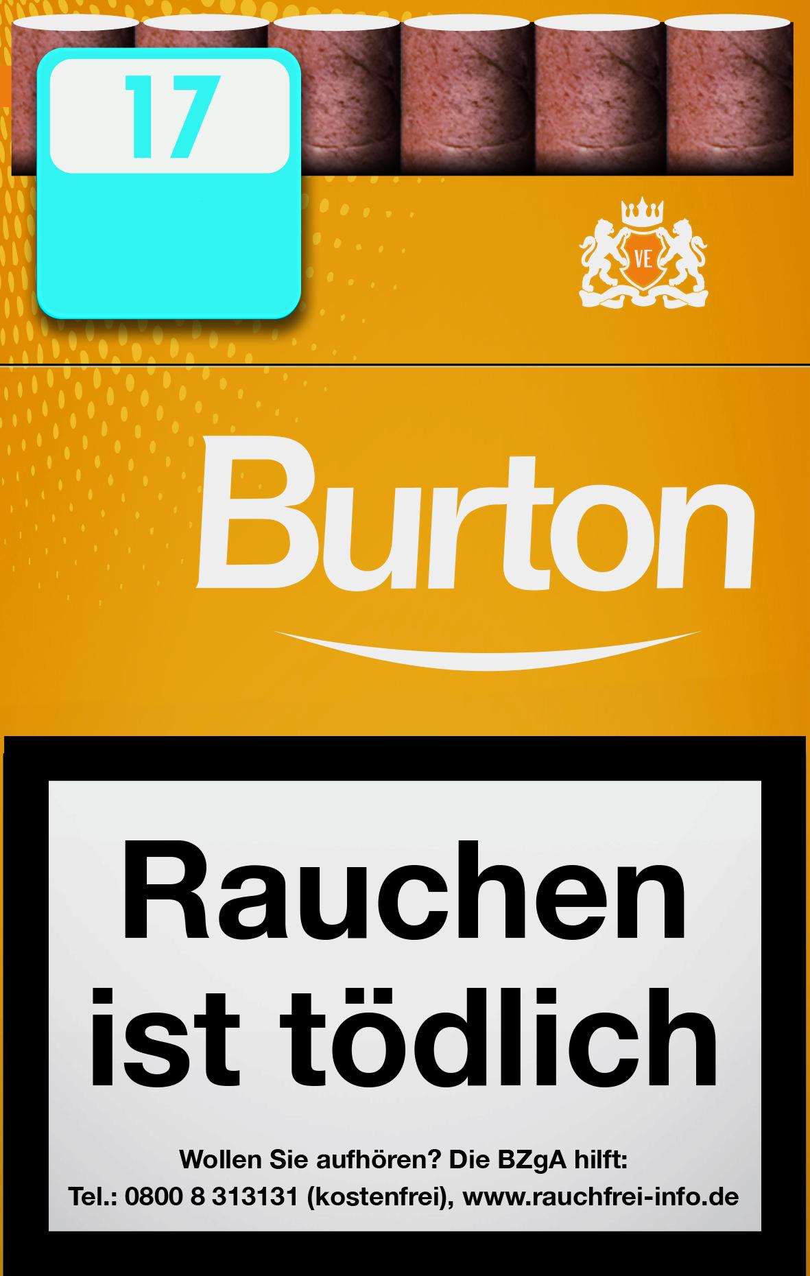 Orangefarbene Packung Burton Vanilla Naturdeckblatt Zigarillos mit gepunktetem Muster, blauem Quadrat mit der Zahl 17, Burton Logo, kleinem Wappen und dem Warnhinweis "Rauchen ist tödlich". Die Verpackungseinheit umfasst eine Stange mit 10 Packungen.