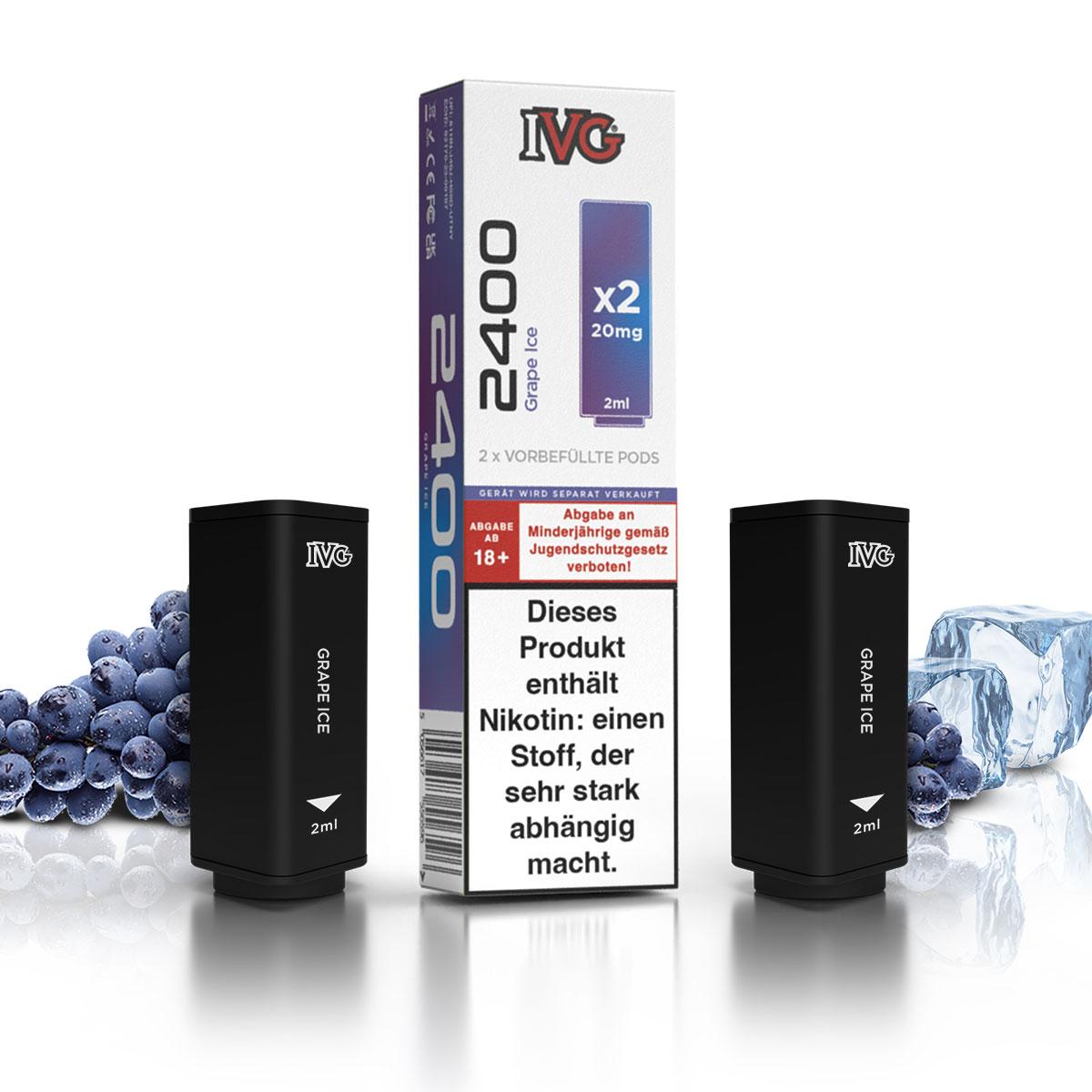 Zwei IVG 2400 Pods mit 20mg/ml Nikotingehalt in der Originalverpackung, bestehend aus einer Packung mit 2 Stück für das IVG 2400 Basisgerät.