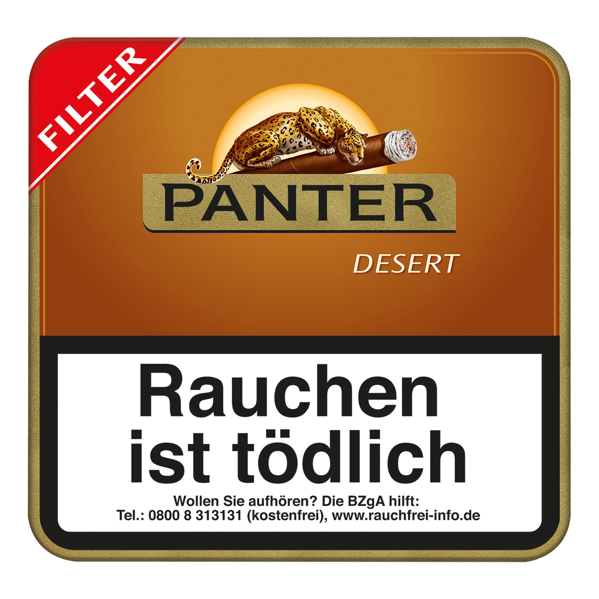 Orangefarbene 20er-Packung Panter Desert Filter Zigarillos der Marke Panter. Die Verpackung der Zigarillos ist mit einem goldenen Rand und dem Panter Logo versehen und trägt den Hinweis 'Filter'.