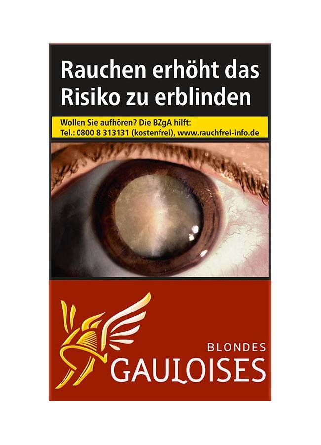 Rote Gauloises Blondes Rot Zigaretten Stange mit Augenmotiv und Warnhinweis, enthält 10 Packungen à 20 Stück.