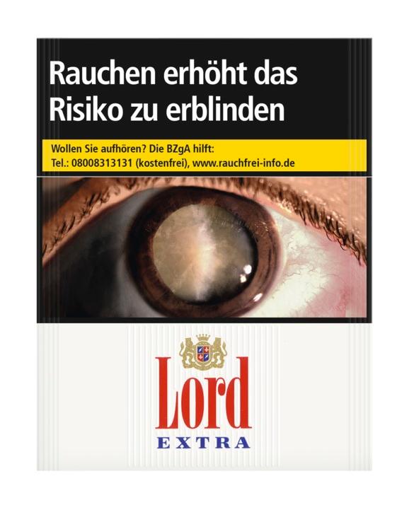 Packung Lord Extra Zigaretten von Lord im weiß-schwarzen Design mit markantem Logo, Augensymbol und Gesundheitswarnung.