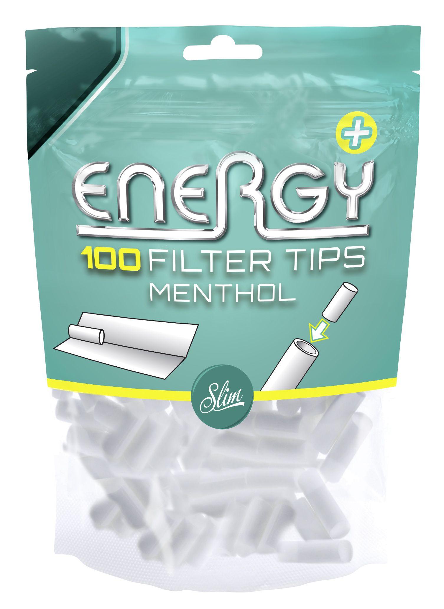 Elixyr Energy+ Filter Tips im transparenten Beutel mit 100 Stück, geeignet zum Selbstdrehen.