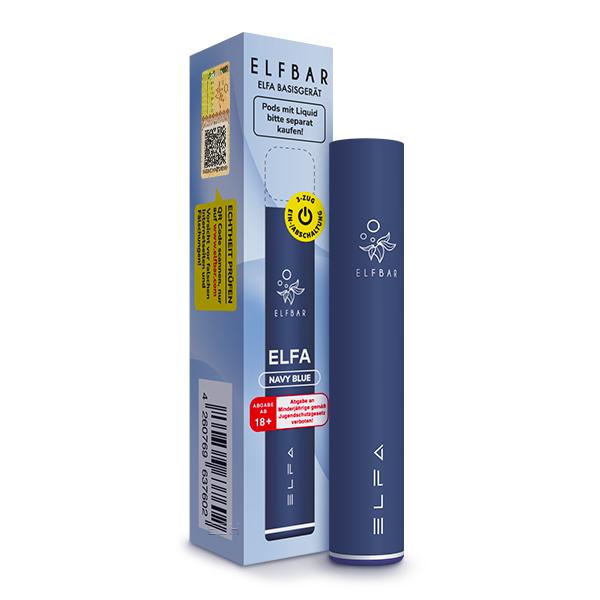 Dunkelblaues Elfbar ELFA Pod-Kit Basisgerät mit 500 mAh Akku und passender Umverpackung, 1 Stück.