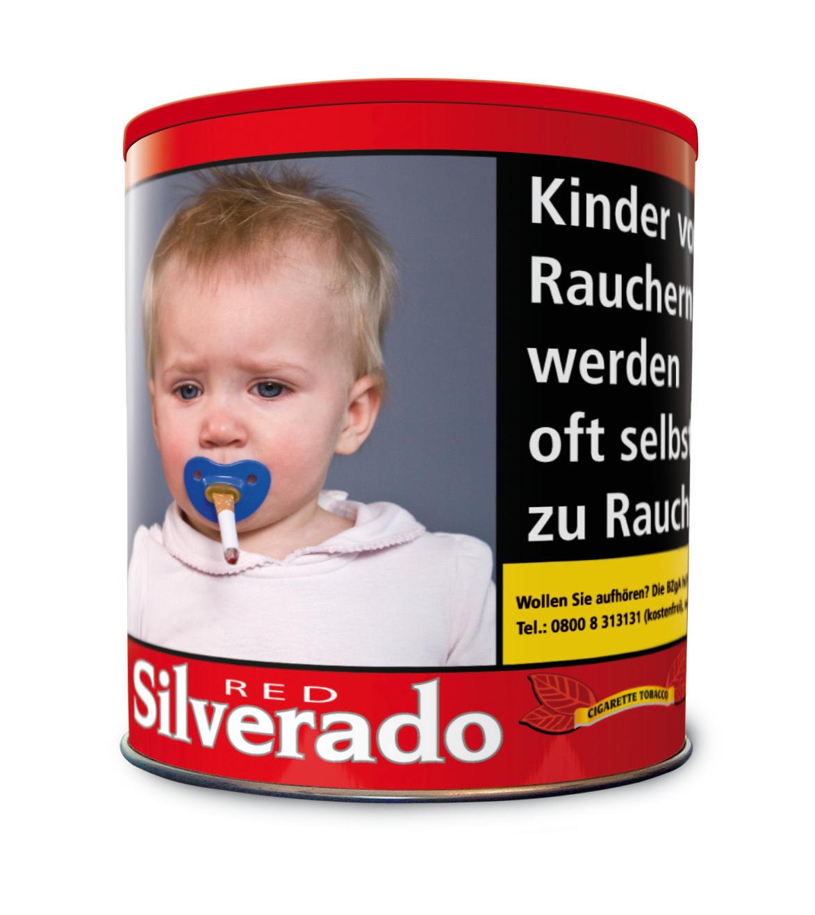 50-Gramm-Dose Silverado Volumentabak Red Wide Cut in Rot und Weiß mit Abbildung eines Babys und dem deutsch-englischen Warnhinweis "Kinder v. Rauchern werden oft selbst zu Rauch".
