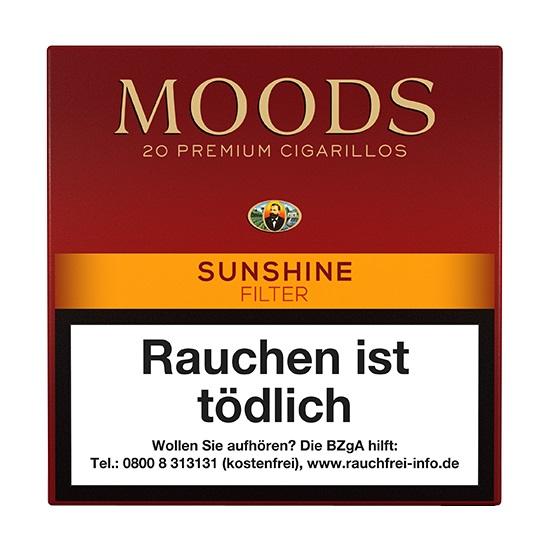 Rote Packung Dannemann Moods Sunshine Zigarillos (20 Stück) mit gold/gelben Bändern, Sunshine Filter und Honigsüße am Filter.