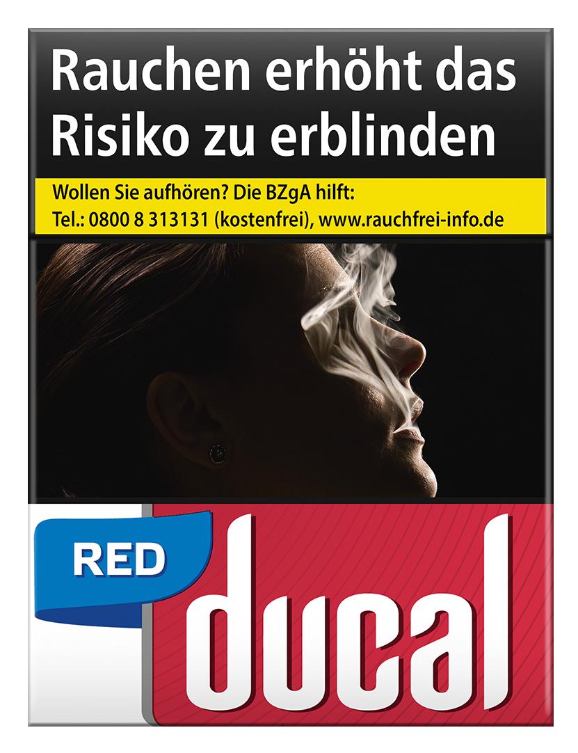 Ducal Red XL Zigaretten in der 24er-Packung mit deutlich sichtbarem Markenlogo auf rotem Hintergrund sowie gesetzlichen Warnhinweisen.