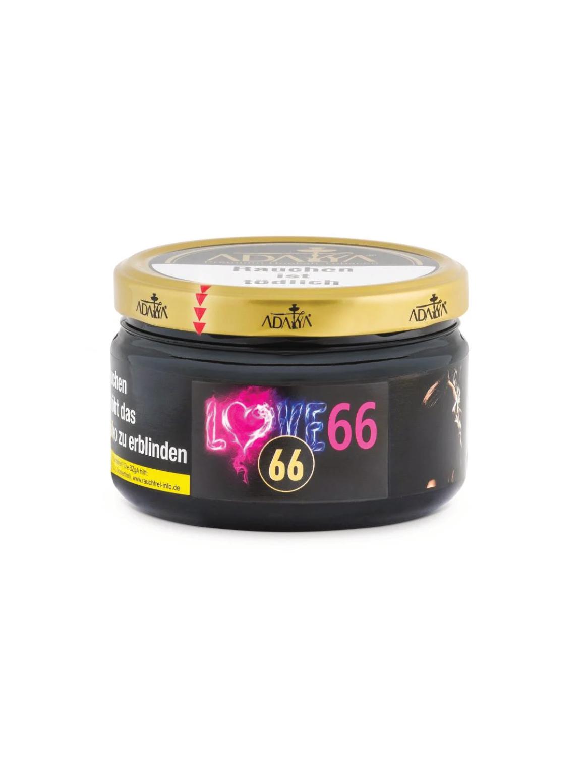 Adalya Love #66 Shisha Tabak in der schwarzen 200 Gramm Dose mit goldenem Deckel und markantem Love-Schriftzug auf dem Etikett.