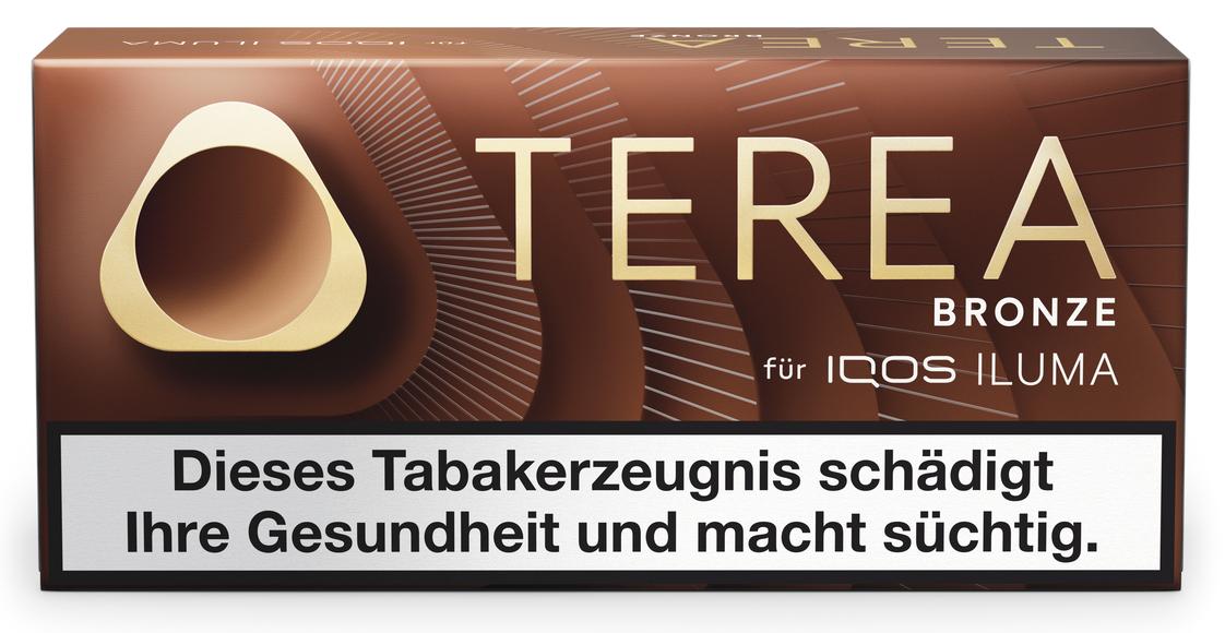 TEREA Bronze Stange mit 10 Packungen zu je 20 Tabaksticks für IQOS ILUMA in brauner Verpackung mit goldener Aufschrift und Warnhinweis.