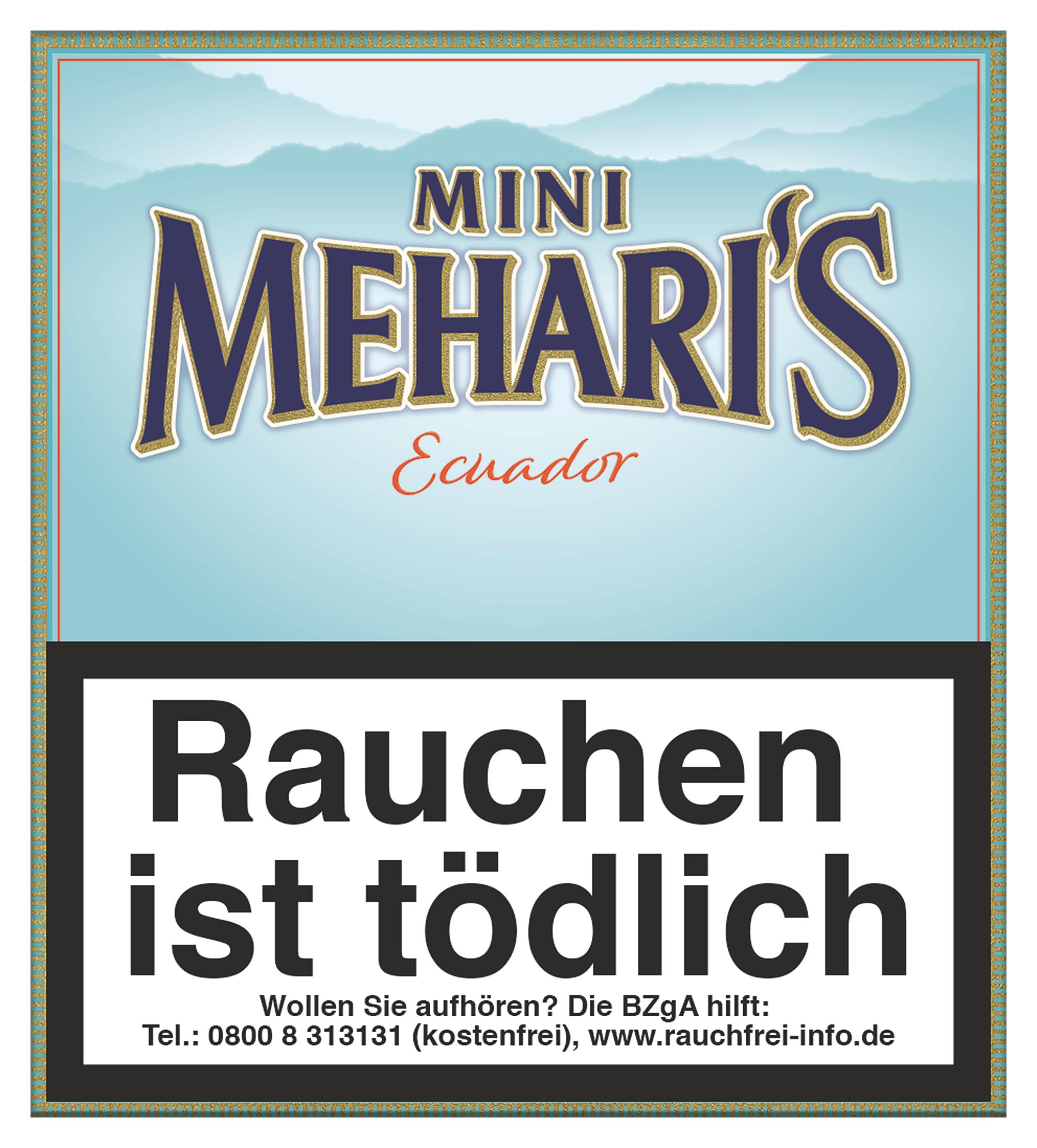 Eine Packung Meharis Zigarren Mini Ecuador mit 20 Stück, erkennbar am blauen Label mit der Aufschrift 'Ecuador'.