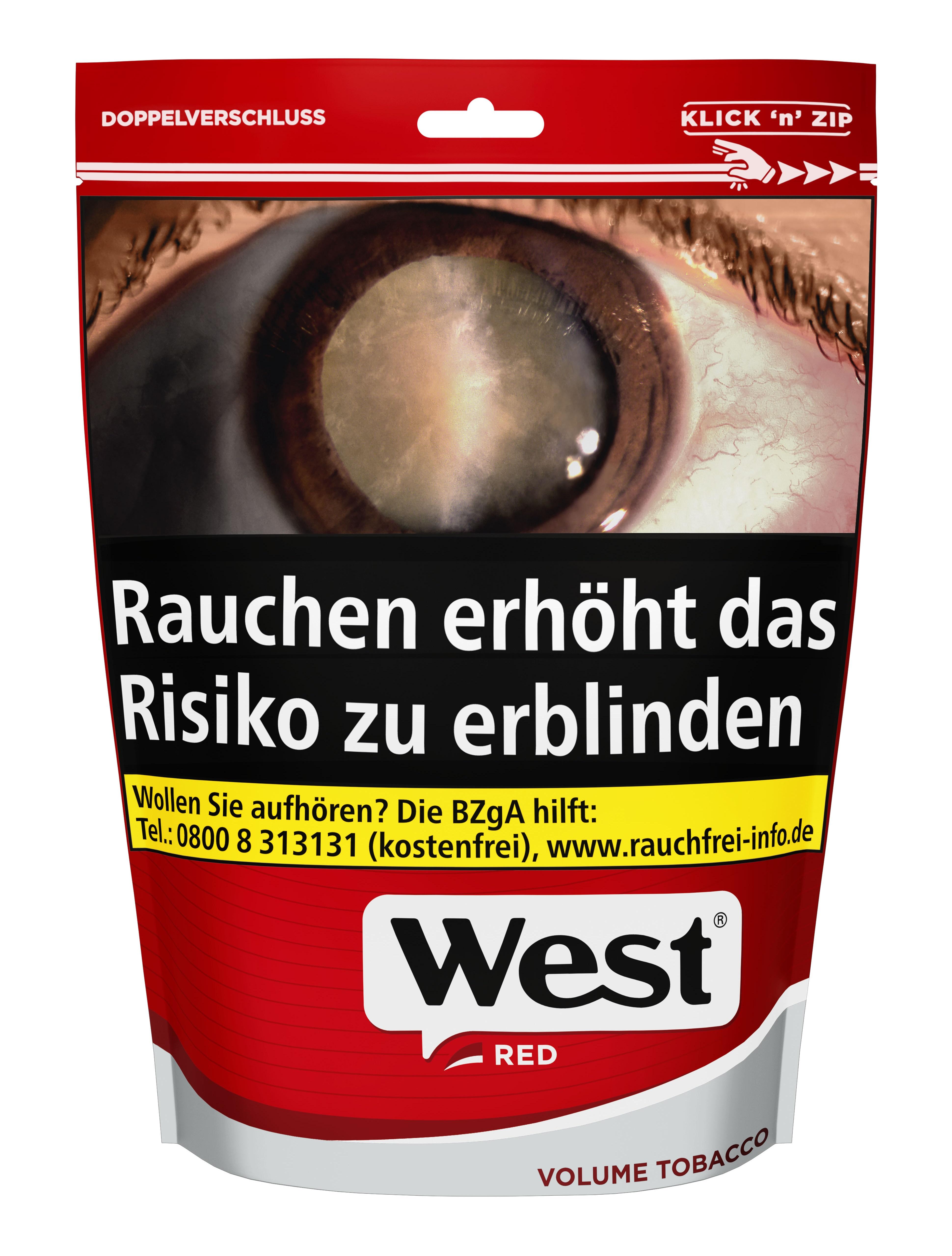 West Red Volumentabak in der 185 Gramm Zip-Bag mit rot-weißem Design und praktischer Aufhängeschlaufe für den Gebrauch beim Stopfen.