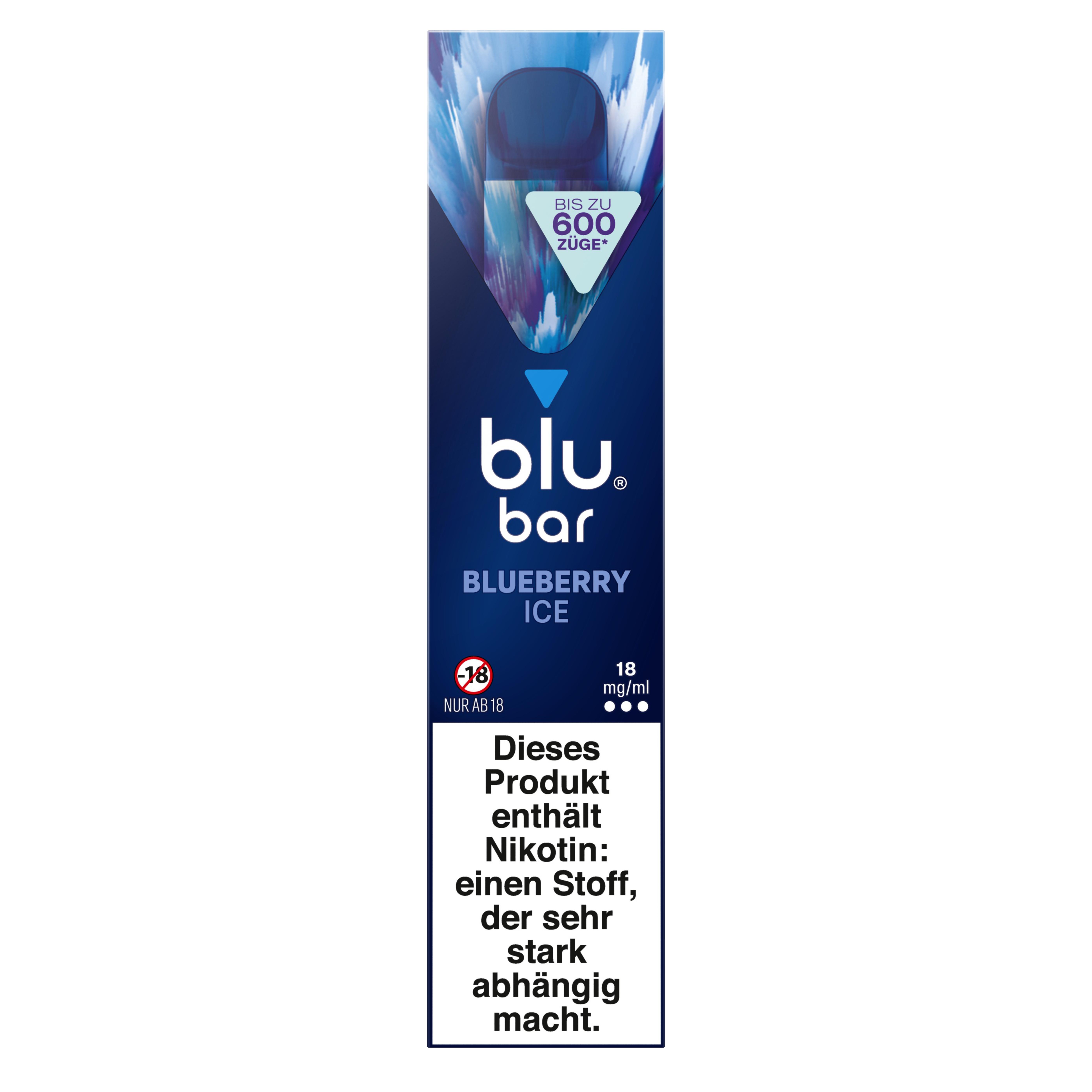 blu bar 18 mg Einweg E-Zigarette von blu, verpackt (blau/weiß), schwarzes Gerät, 1 Stück.
