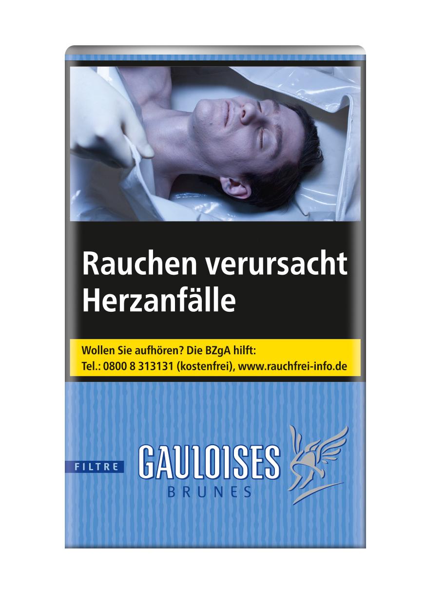 Gauloises Brunes Filtre Zigaretten in blau-weiß gestreifter Packung mit Warnhinweis und Abbildung eines Mannes, angeboten als Stange mit 10 Packungen á 20 Stück.