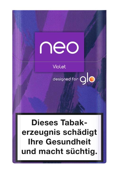 neo Violet Tabaksticks, 10 Packungen zu je 20 Stück, in violetter Verpackung mit weißem neo-Logo, konzipiert für die Verwendung mit dem glo-System.