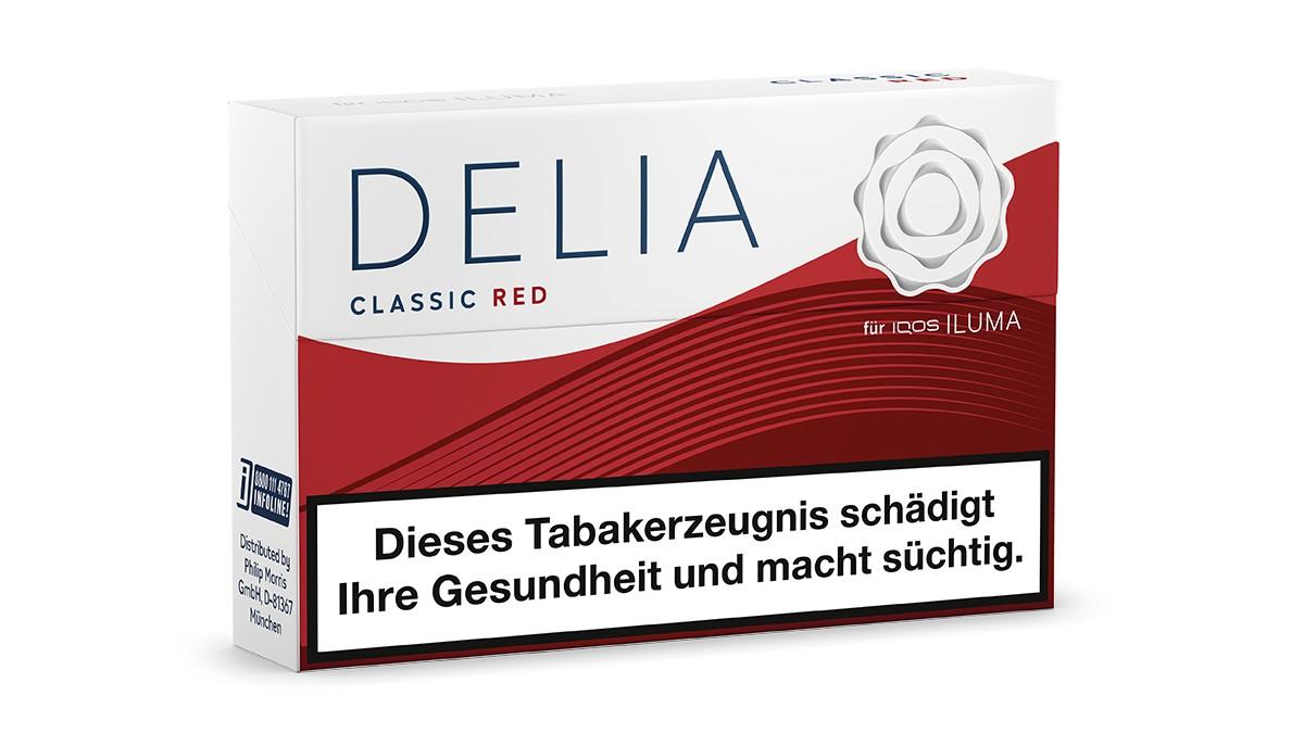 DELIA Classic Red Tabaksticks für IQOS ILUMA Geräte, 20 Stück pro Packung, inklusive gesetzlicher Warnhinweise zur Tabakgesundheit.