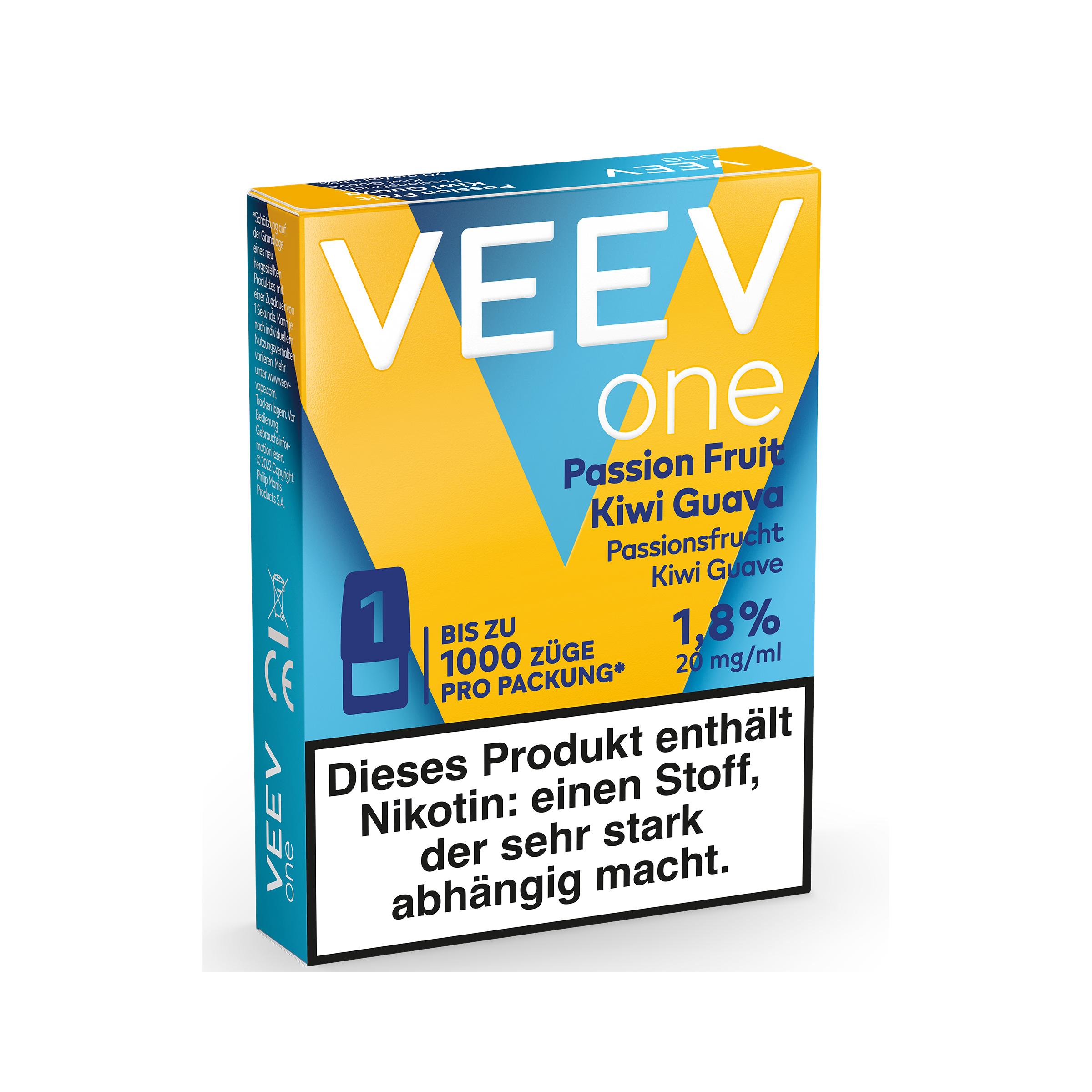 Veev One Vaping Fluid Pod von Veev, Geschmacksrichtung Passionsfrucht, Kiwi und Guave, in blau-gelber Einzelpackung mit dem Hinweis 'Bis zu 1000 Züge'.