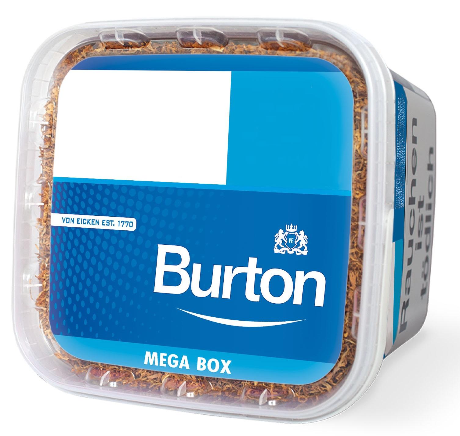 Burton Volumentabak Blue XXXL im 270 Gramm Eimer als klarer Kunststoffbehälter mit blauem Deckel und Burton Label.