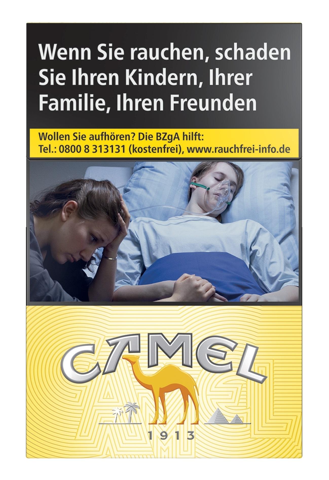 Eine gelb-schwarze Packung Camel Yellow Long Zigaretten (100mm Format) mit Camel Logo, 1 Packung (26 Stück).