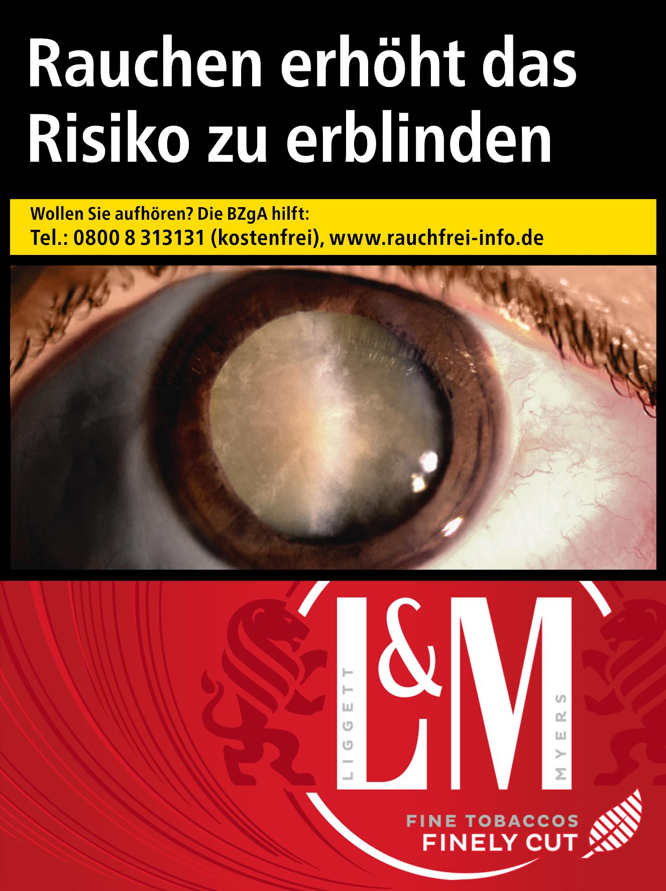 Schwarz-weiße Warnanzeige für L&M Red XL Zigaretten (22 Stück), die auf die Gefahr von Erblindung durch Rauchen aufmerksam macht. Zentrales Bildelement ist eine Nahaufnahme eines Auges, ergänzt durch das L&M Logo und den Warnhinweis 'Rauchen erhöht das Ri