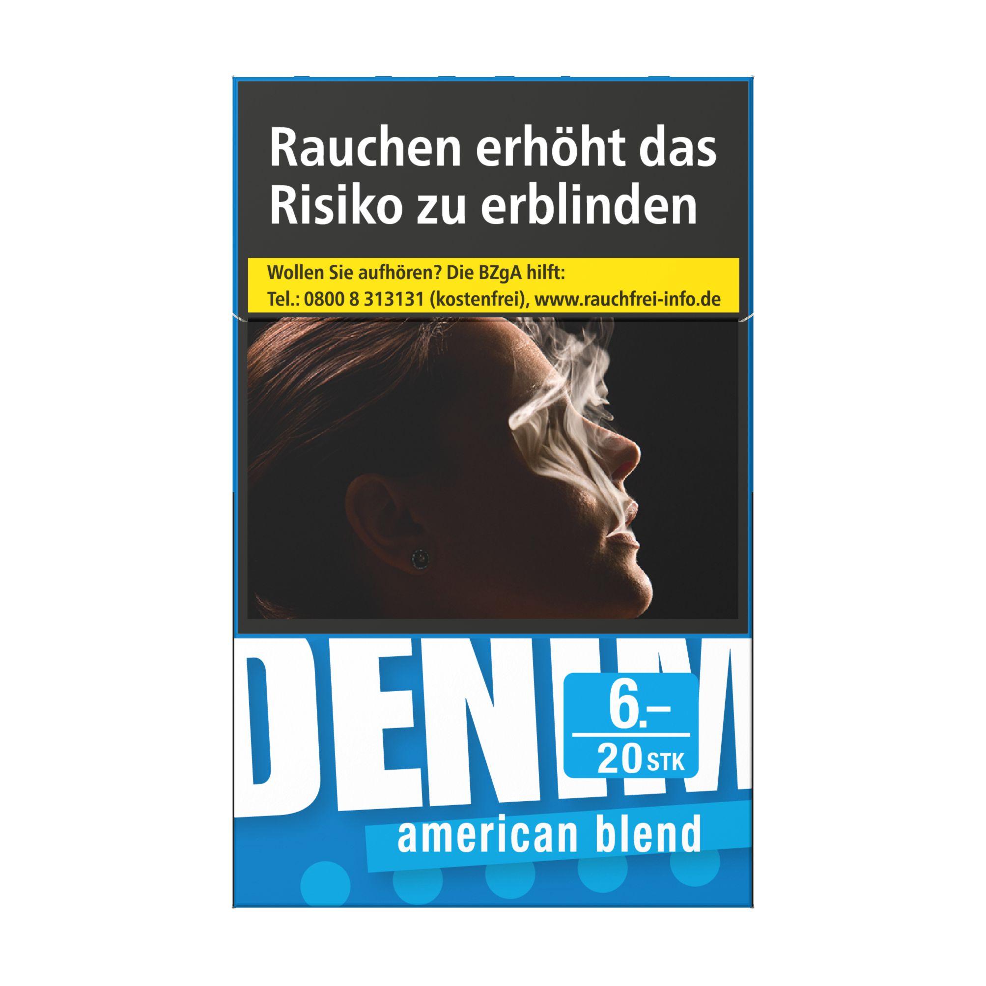 Denim Zigaretten Blue L American Blend Packung mit 20 Stück, schwarze Schachtel mit Schriftzug und blauer Bordüre.