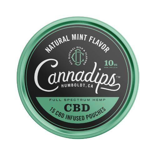 Schwarzer und grüner runder Behälter Cannadips CBD Pouches mit 15 Stück, je 10 mg CBD.